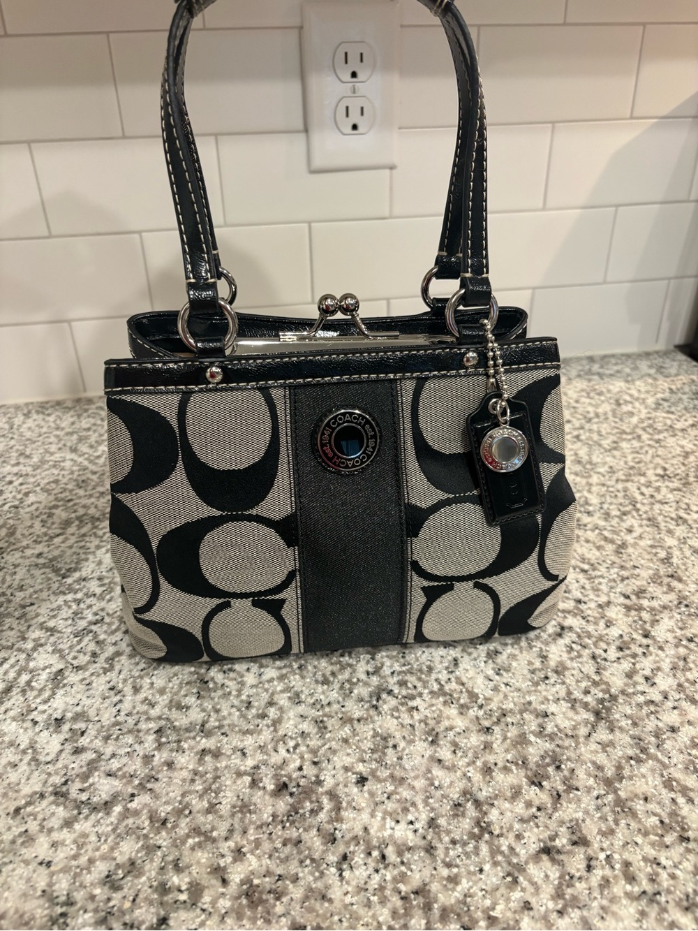 Coach Black and Ivory Signature Canvas Shoulder Bag with Charm